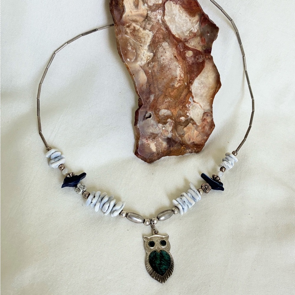 Owl necklace with shell and liquid silver beads #boho #fairycore #festival